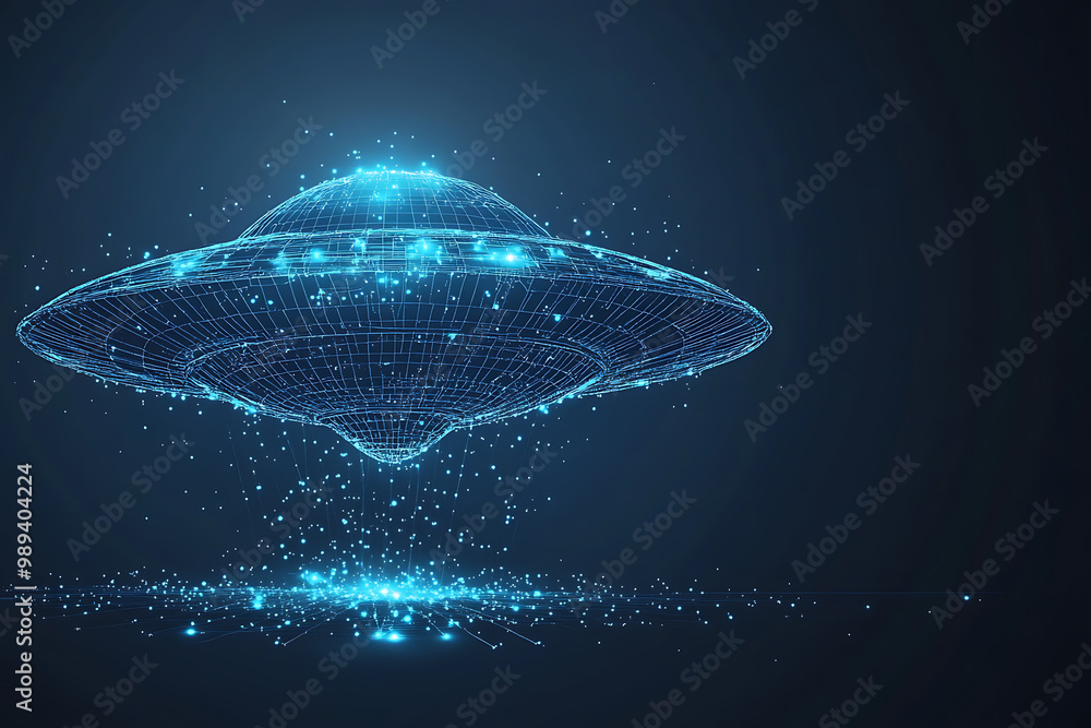 Poster ufo at wireframe plexus style with glow