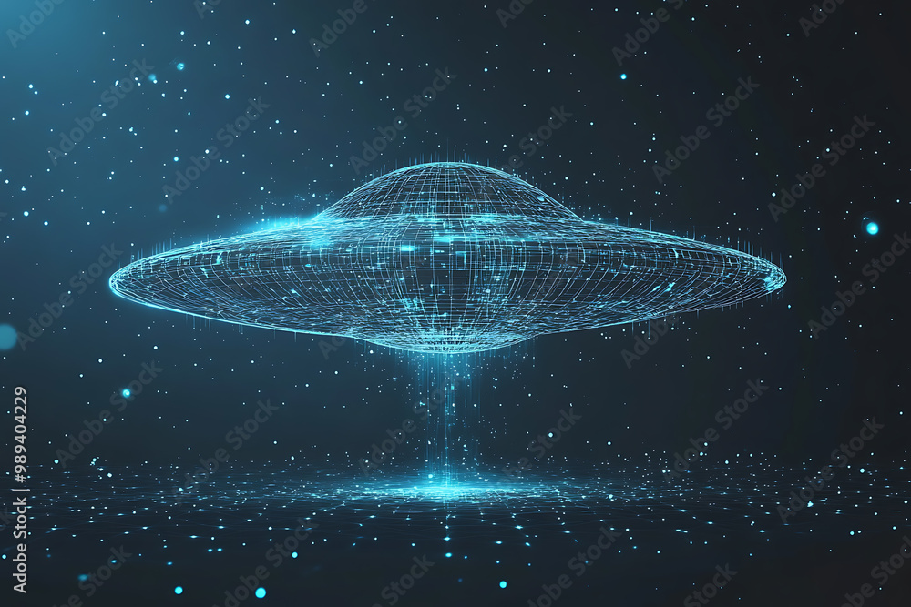 Poster ufo at wireframe plexus style with glow