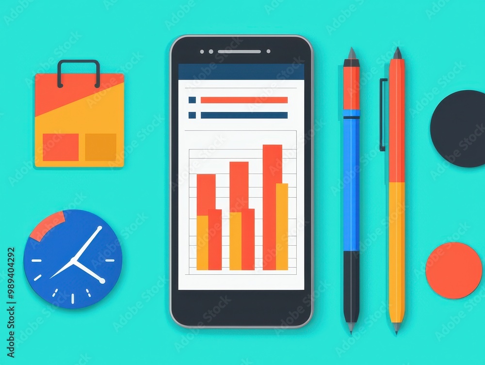 Poster mobile phone displaying business graph on a colorful background with office accessories.