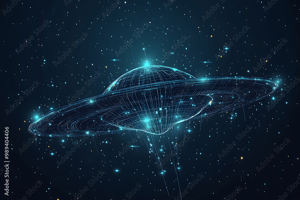 Poster ufo at wireframe plexus style with glow