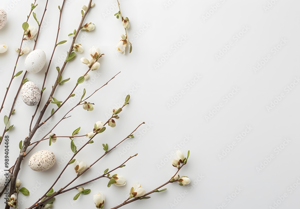 Wall mural minimal easter composition with willow branches and eggs