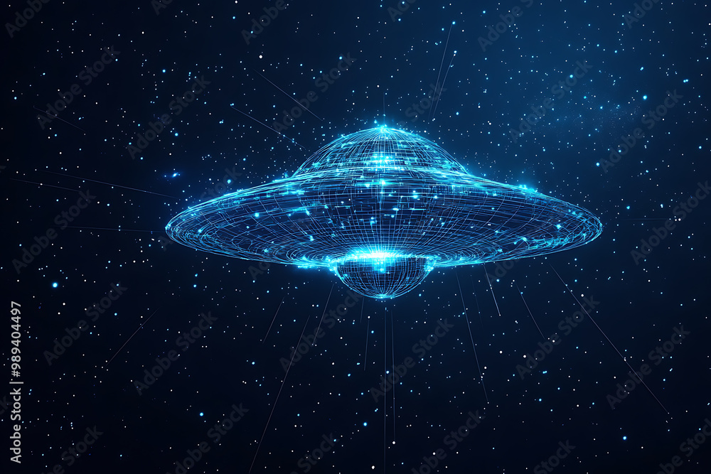 Poster ufo at wireframe plexus style with glow
