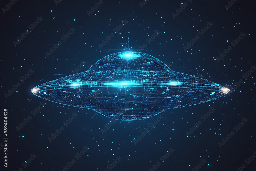 Poster ufo at wireframe plexus style with glow