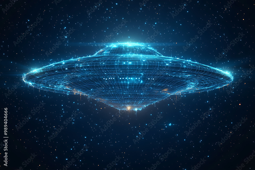 Poster ufo at wireframe plexus style with glow