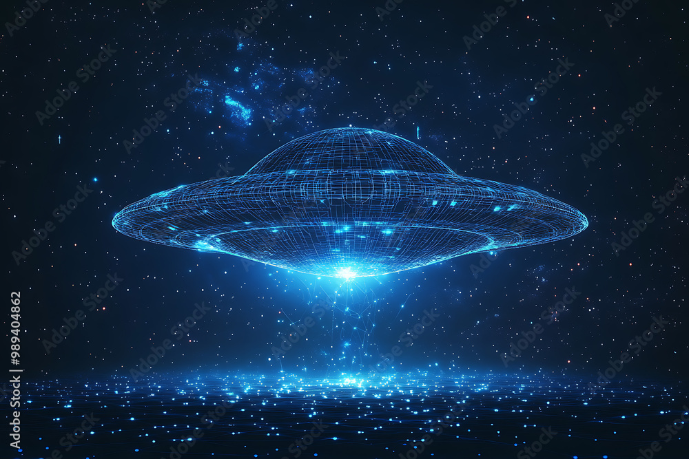 Poster ufo at wireframe plexus style with glow