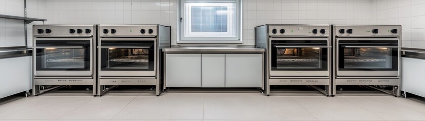 Obraz premium Modern commercial kitchen with multiple ovens and stainless steel fixtures, designed for efficiency and functionality.
