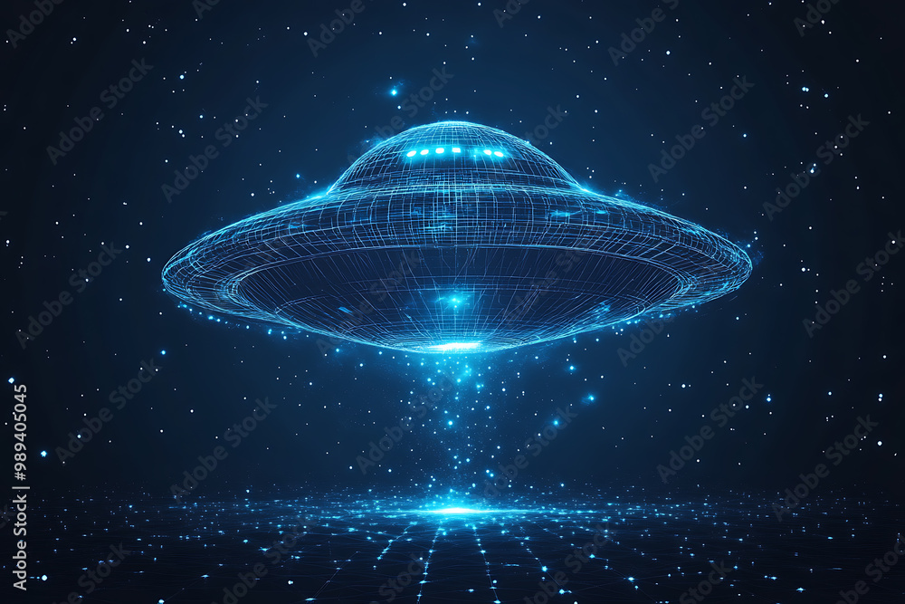 Poster ufo at wireframe plexus style with glow