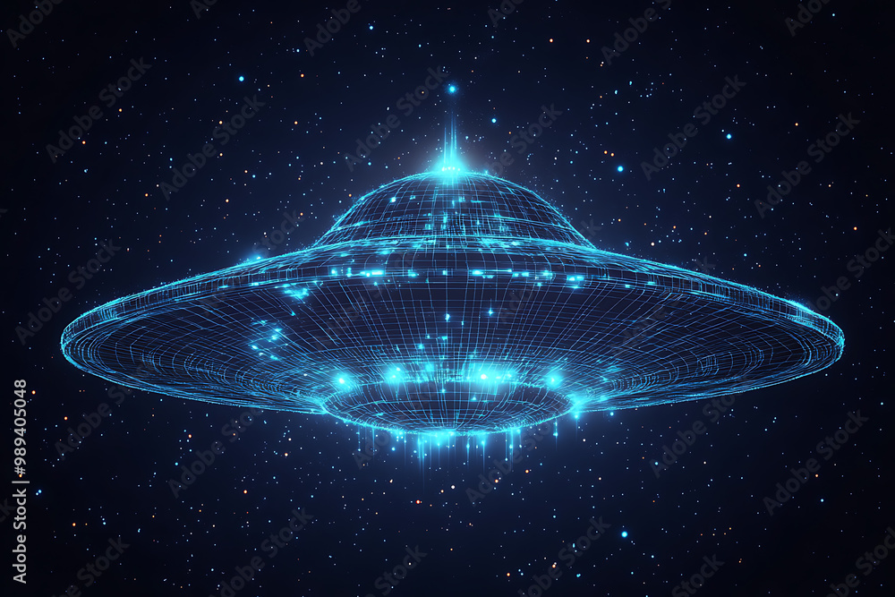 Poster ufo at wireframe plexus style with glow