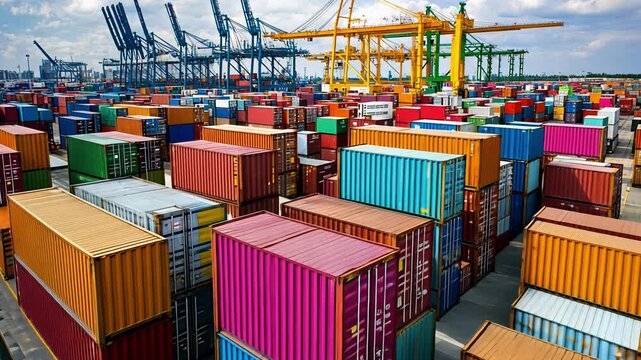 A bustling shipping port filled with stacks of colorful cargo containers. Cranes are actively loading and unloading goods under a clear blue sky, highlighting the busy maritime activity.