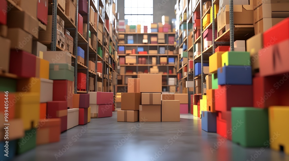 Poster A spacious warehouse filled with colorful storage boxes stacked neatly on shelves, creating an organized and vibrant environment.