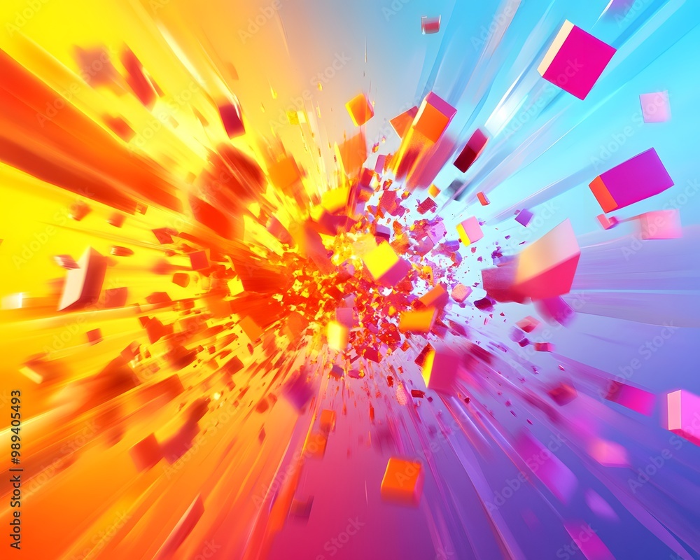 Poster a vibrant explosion of color with dynamic shapes, creating a sense of energy and movement in a stunn