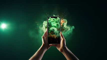 A person holding a phone with a green background with a green background with smoke