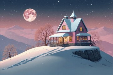 Naklejka premium Charming Cottage on Top of a Snowy Hill in Soft Pink Hues, Illuminated by a Crescent Moon