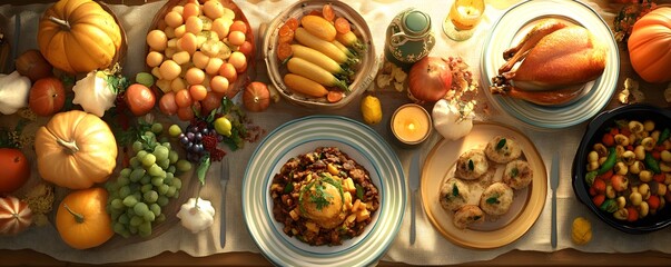 A vibrant arrangement of assorted fruits, vegetables, and dishes, showcasing a colorful harvest display for seasonal celebrations.