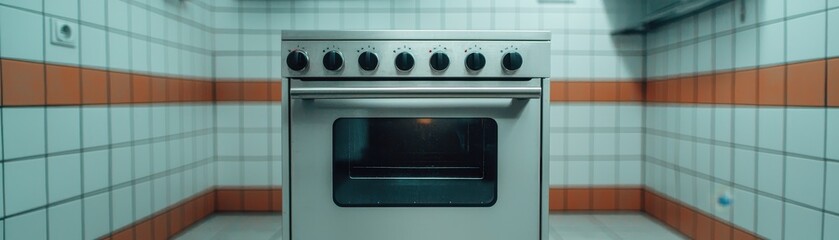 Obraz premium Modern stainless steel kitchen oven with tiled wall background.