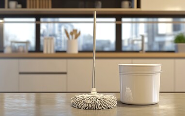 Cleanliness at Its Best: 3D Model of Mop and Bucket in a Stylish Modern Kitchen