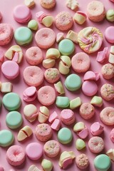 Fototapeta premium Variety of Different Candies Set Against a Cute Bakery Background in Pink and Green Tones