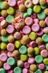 Fototapeta premium Variety of Different Candies Set Against a Cute Bakery Background in Pink and Green Tones