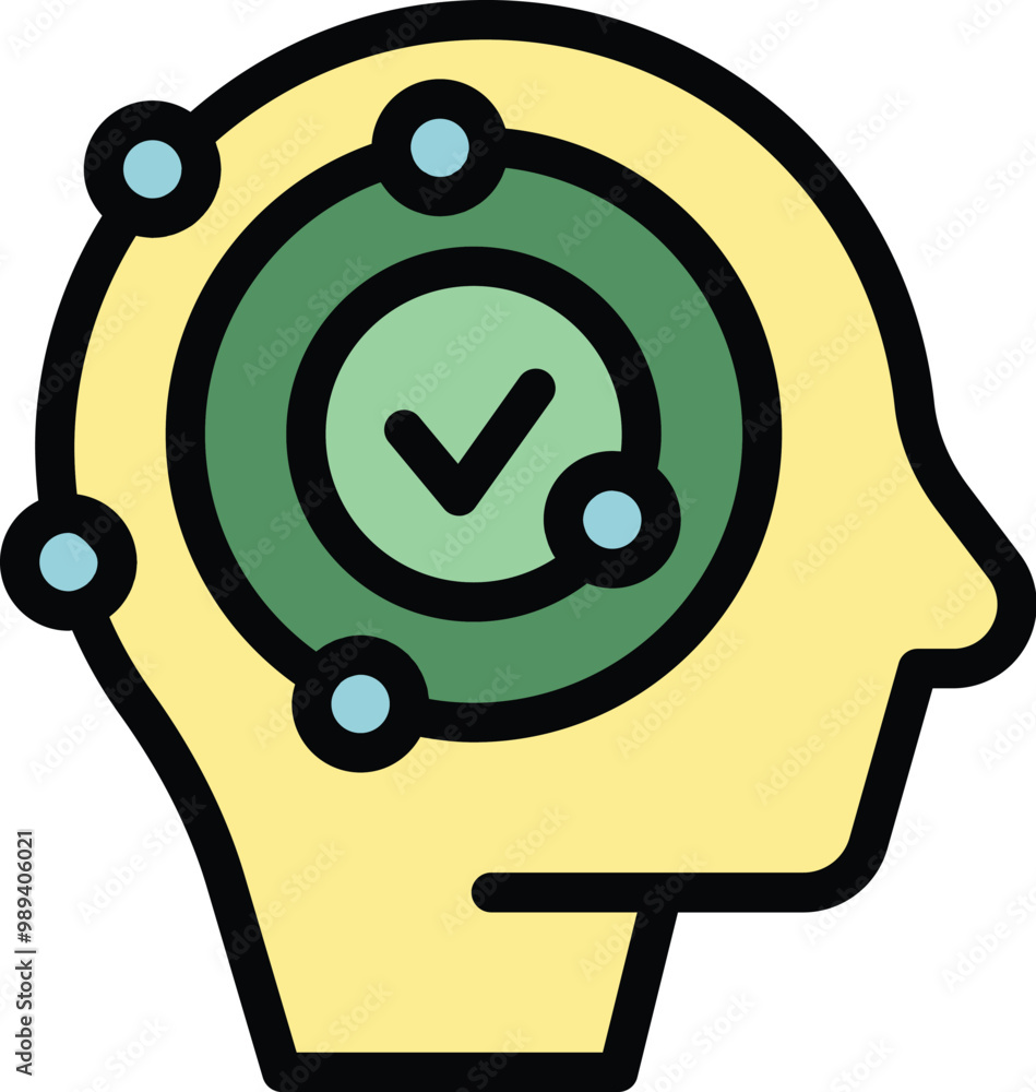 Poster human head profile with a check mark inside a brain working process, validating an idea