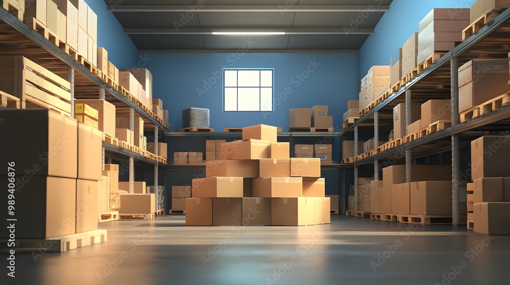 Aufkleber a spacious warehouse filled with stacked boxes, creating an organized storage environment with natur