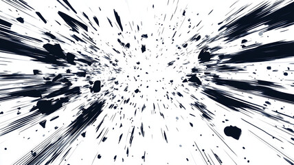 Dynamic manga motion effects with comic-style speed lines, action graphics, and explosive bursts on a clean white backdrop. Abstract illustration