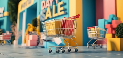 Colorful shopping carts in front of a vibrant sales display create an inviting atmosphere for shoppers looking for great deals.