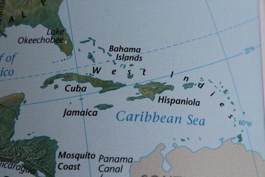 close up of the country of Cuba viewed on a wold map as a travel concept. Caribbean sea on a map
