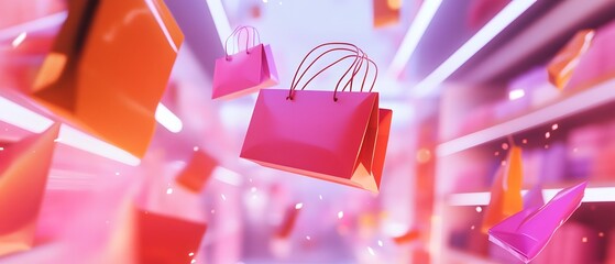 Vibrant pink shopping bags in a dynamic, colorful environment, representing the excitement of shopping and consumerism.