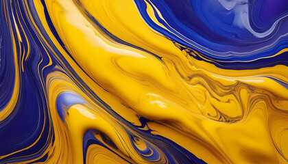 Abstract fluid painting with bold yellow and blue tones. Dynamic flowing oil paint texture.