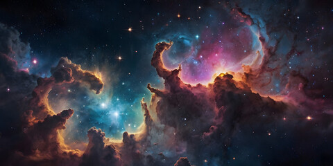 Fototapeta premium A cosmic dance of celestial bodies in a vivid night sky with bright stars and colorful nebulae.