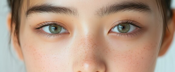 Fototapeta premium 新鮮な春の美しさのポートレート：そばかすのある若々しい顔のクローズアップ（印刷物やポスター用）