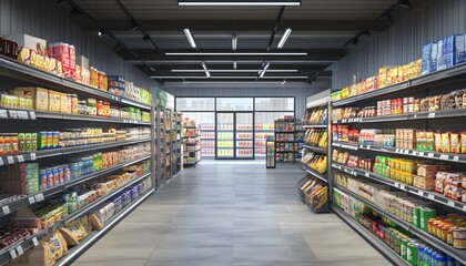 A modern grocery store interior with neatly organized shelves showcasing a variety of products and natural light streaming in.
