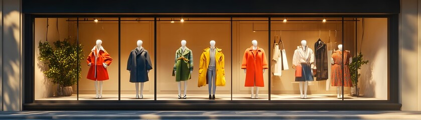 Vibrant fashion display featuring colorful clothing in a modern storefront, showcasing the latest trends for stylish shoppers.