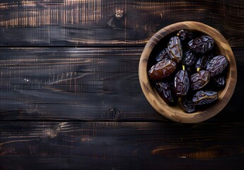 Dried Dates in Wooden Bowl on Rustic Background