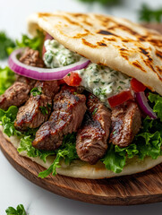 Close-up of a lamb gyro wrapped in pita with fresh vegetables.