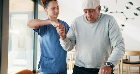 Senior man, caregiver and walking support in home for person with disability, healthcare and vertigo. Elderly care, empathy and mobility aid in house for rehabilitation, osteoporosis and parkinson