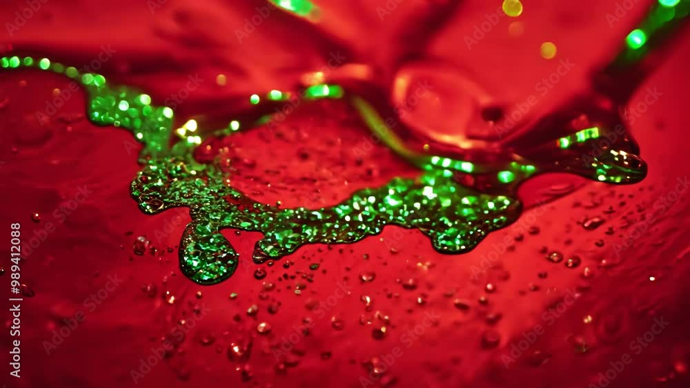 Poster Dynamic drops of green glitter in red oil or ink diffusing through water, creating an abstract aquatic swirls