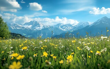 Fototapeta premium A field of wildflowers blooms in the foreground of a mountain range. The green grass and the blue sky provide a vibrant backdrop for the flowers.