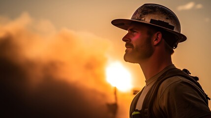 Silhouette of a construction worker in hard hat against a stunning sunset background