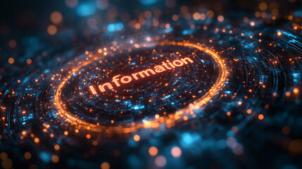 The word "Information" rotating around a central server hub, symbolizing data retrieval and storage.