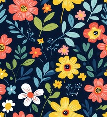 playful pattern of colorful flowers and leaves on a navy blue background