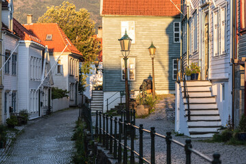 Cobbled street at dusk in a picturesque neighborhood of wooden houses