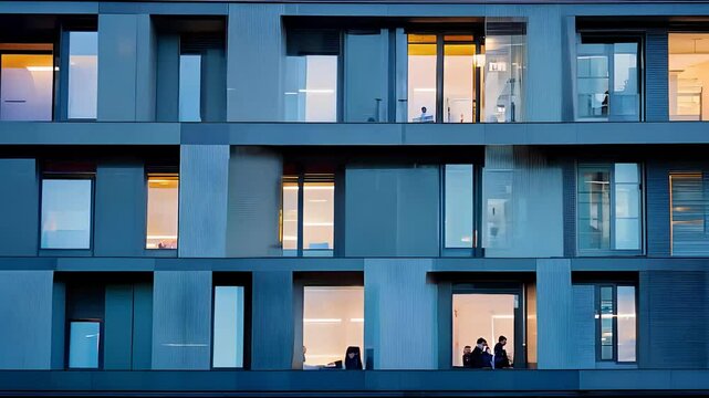 Modern office building facade with large windows, evening lights, and minimalistic architecture creating a clean, urban, and professional look.