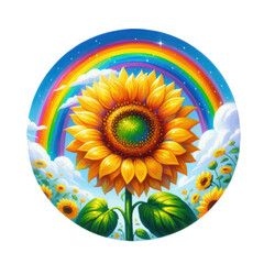 drawing sunflower under colorful rainbow with clouds floral illustration