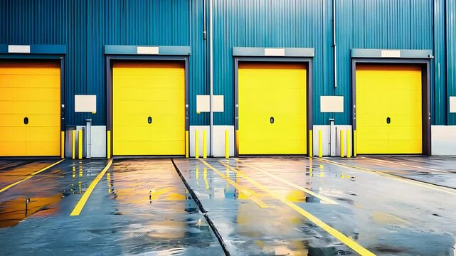 Industrial loading dock with vibrant yellow doors, reflecting wet pavement, and clean, organized layout in a modern warehouse facility.