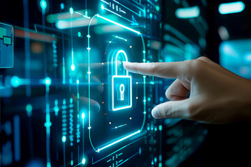 Futuristic Cybersecurity Concept with Glowing Padlock Icon on Digital Interface and hand touching screen