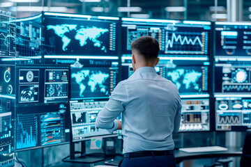 back view of Business male professional analyzing global data analytics on multiple monitors in a control room