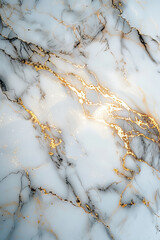 Luxurious White Marble Surface with Golden Veins and Glittering Particles, Ideal for Elegant Backgrounds