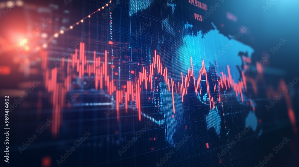 Poster global financial market analysis with data visualization trends and stock graphs displayed on a digi