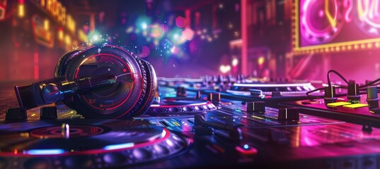 90s Club Culture Banner with Headphones, Turntables, and Neon Lights for Music Event Promotion